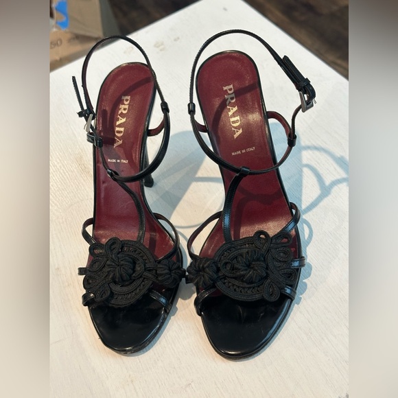 PRADA Chocolate Satin Flower Applique Accent Ankle Strap 3.5" Heel 36.5 Size 38 - Picture 14 of 15